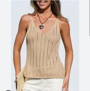 Cupshe Elegant Beige V-Neck Sleeveless Pointelle Knit Tank Top Sz L